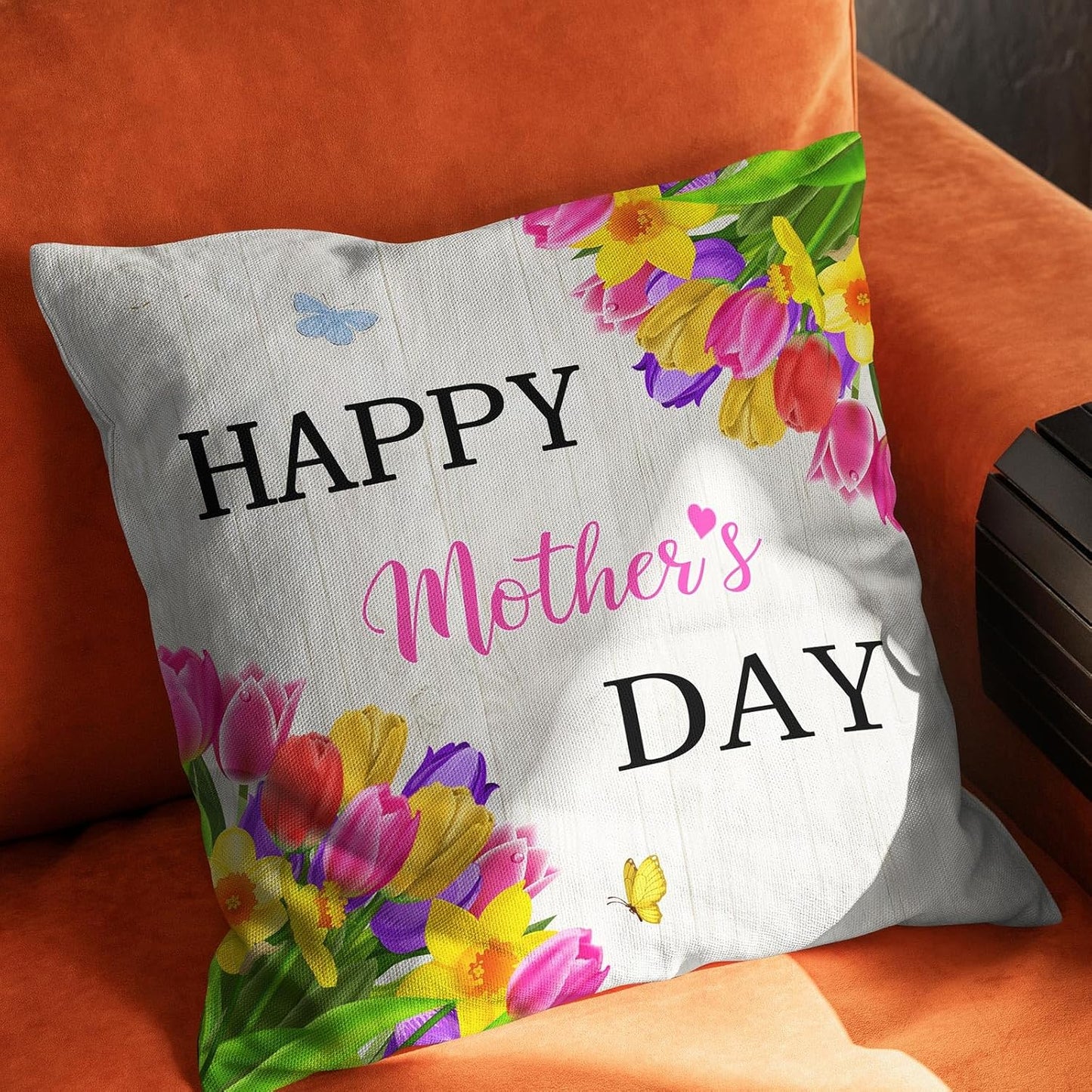 Happy Mother's Day Throw Pillow Cover，Tulip Flowers Love Mom Pillow Covers Farmhouse Decorative Cushion Case Sofa Pillow Case 18x18 Inch