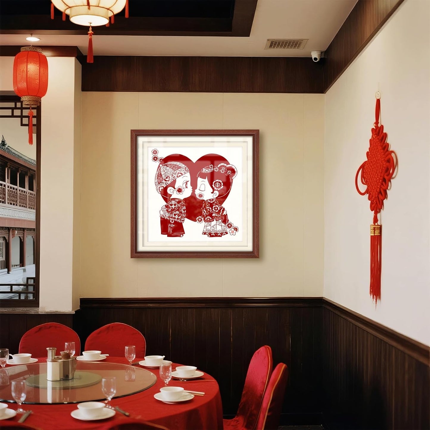 crmotu Chinoiserie Wall Art, Chinese Wedding Paper-Cutting Framed Wall Decor, Romantic Couple Wall Decor, Unique Folk Handmade Gift for Newlyweds Engagement Anniversary 26x26 Inch