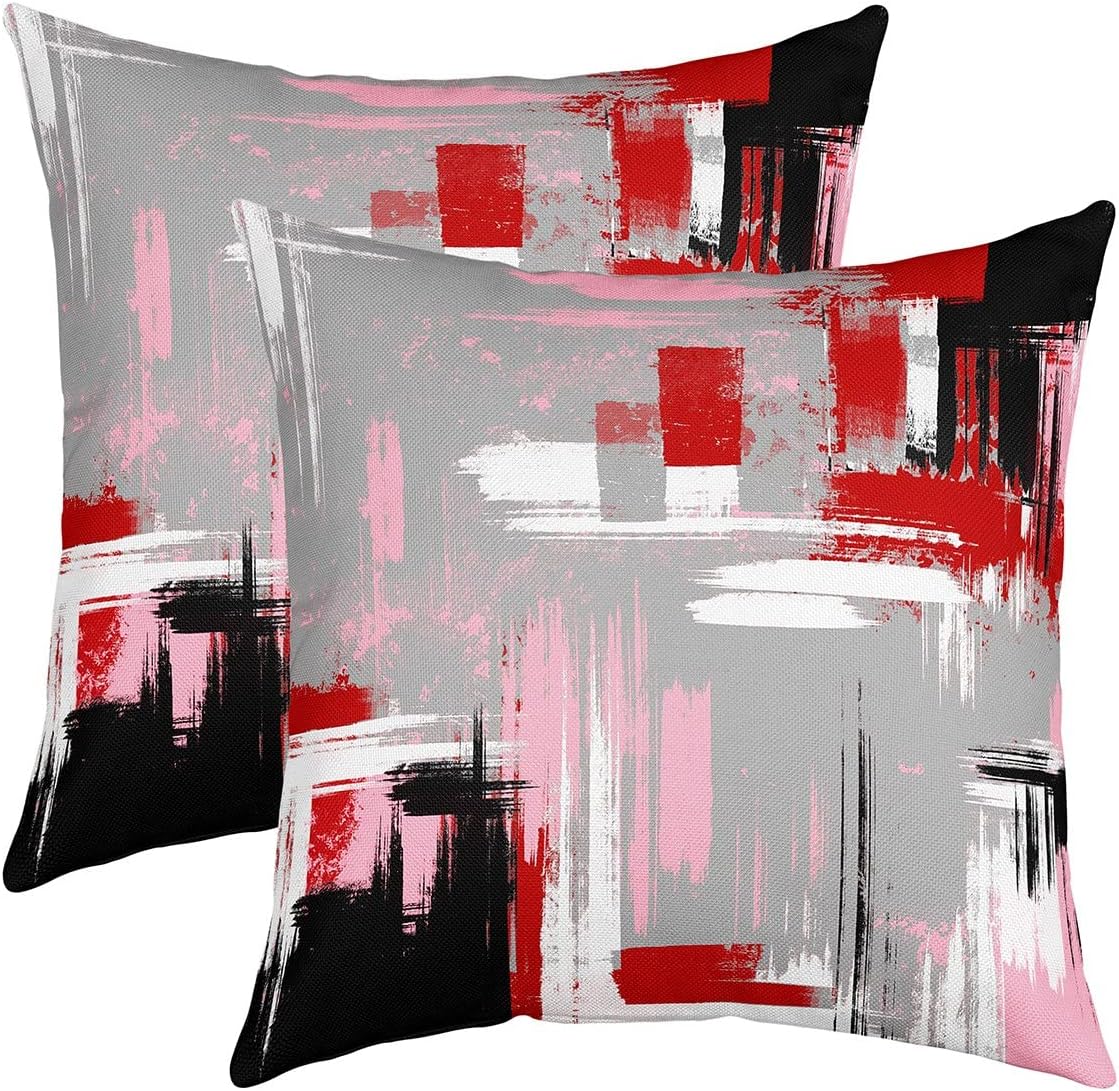 Feelyou Abstract Throw Pillow Covers for Couch Sofa Bed, Set of 2 Modern Abstract Art Decorative Pillows Cushion Covers, Retro Red Grey Pink Black Pillow Inserts Not Included, 16x16 inch