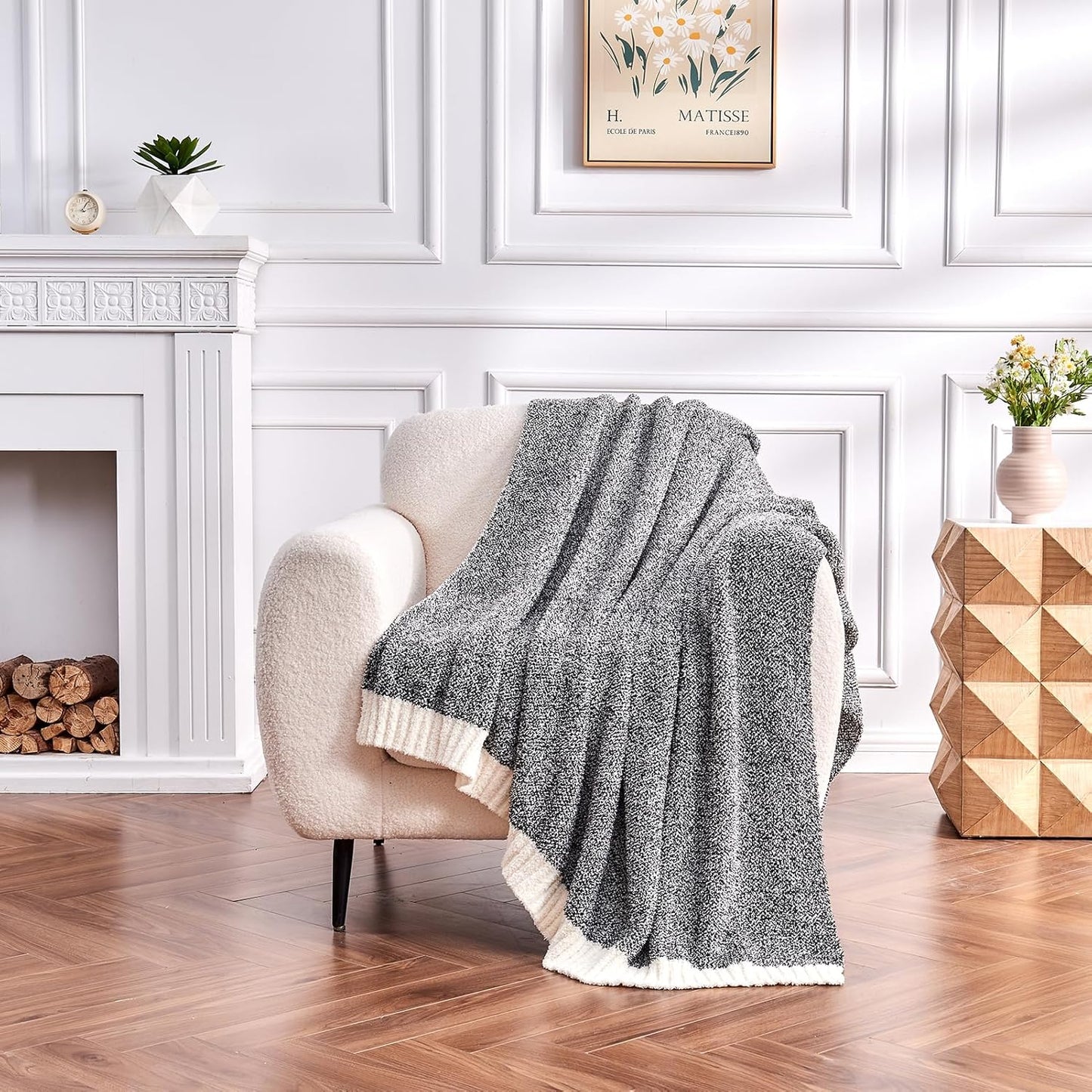 CozeCube Super Soft Fullfy Microfiber Reversible Knitted Blankets, Warm Cozy Fuzzy Plush Throw, Black and White Melange Throw Blanket for Couch Bed Sofa, 50" x 60"