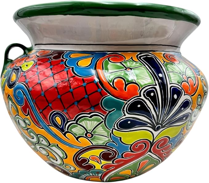 Talavera Michoacana Planter XL Pot Folk Art Multicolor Mexican Pottery Home Decor Hand Painted Garden Indoor Handmade Outdoor 18.5" (Multicolor)