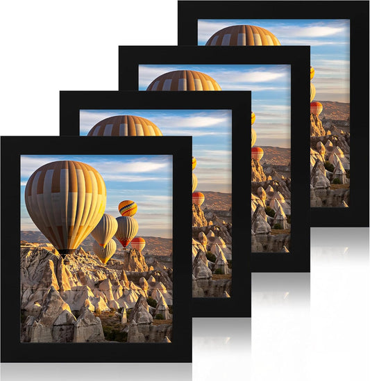 iRahmen 8x10 Picture Frame Set of 4, High Definition Glass Black Picture Frame, 8 x 10 Wood Rustic Photo Frames for Horizontal or Vertical Table Top and Wall Mounting