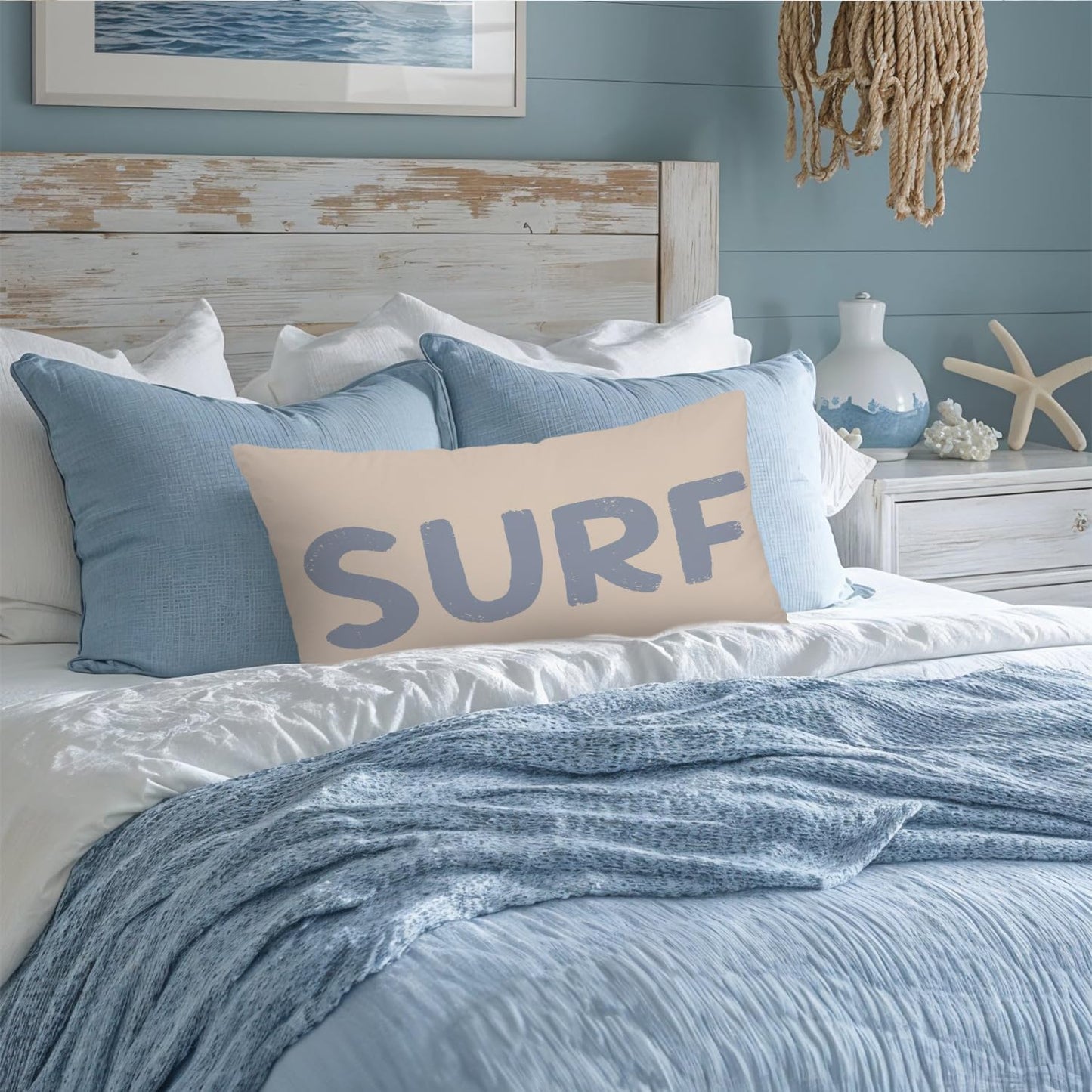 Coastal Beach Surf Room Decor 12x20 Pillow Cover, Nautical Coastal Beach Retro Surf Decorative Lumbar Pillow Covers for Girls Boys Bedroom College Dorm Sofa Couch