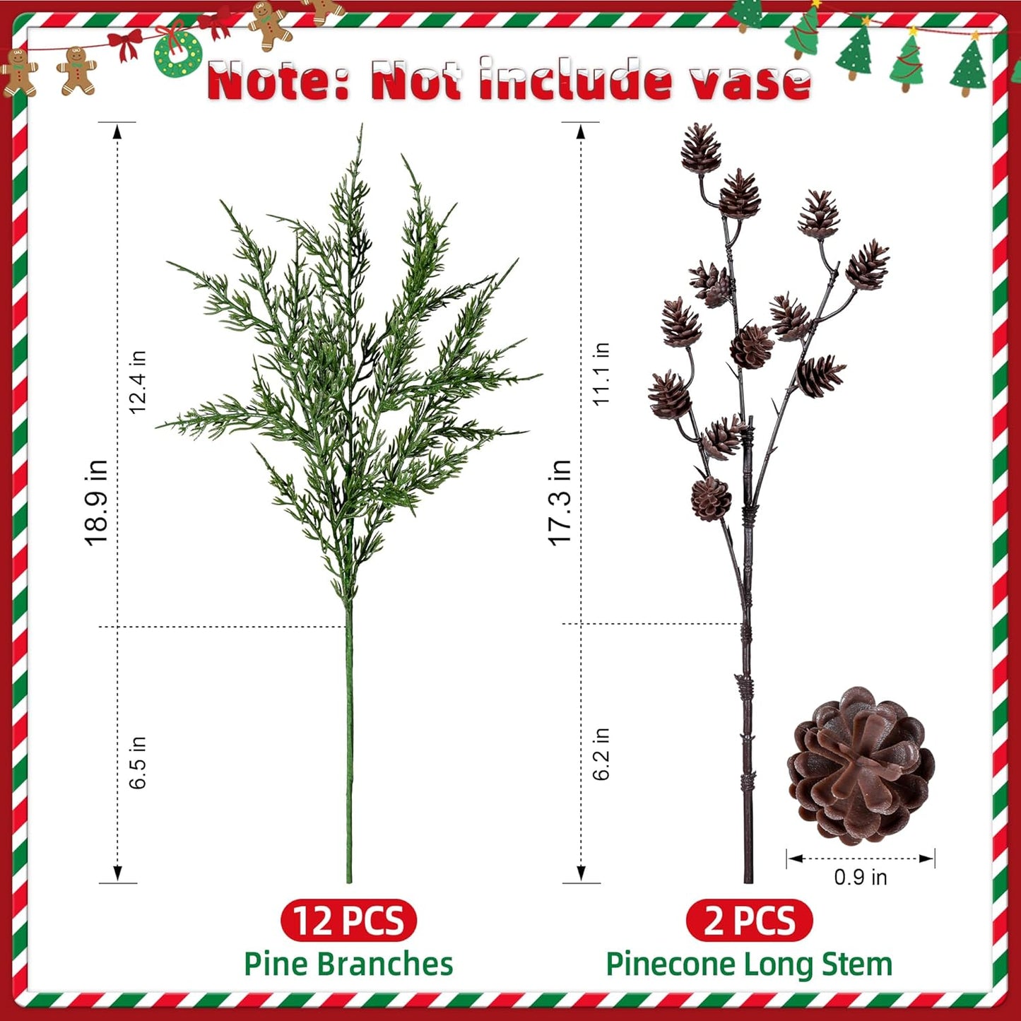 Faux Cedar Stems Artificial Norfolk Pine Branches for Christmas Decor, 12 PCS Fake Pine Stems with 2 PCS Pine Cones Branches Real Touch Realistic Faux Greenery for Vases DIY Garland Xmas Table Indoor