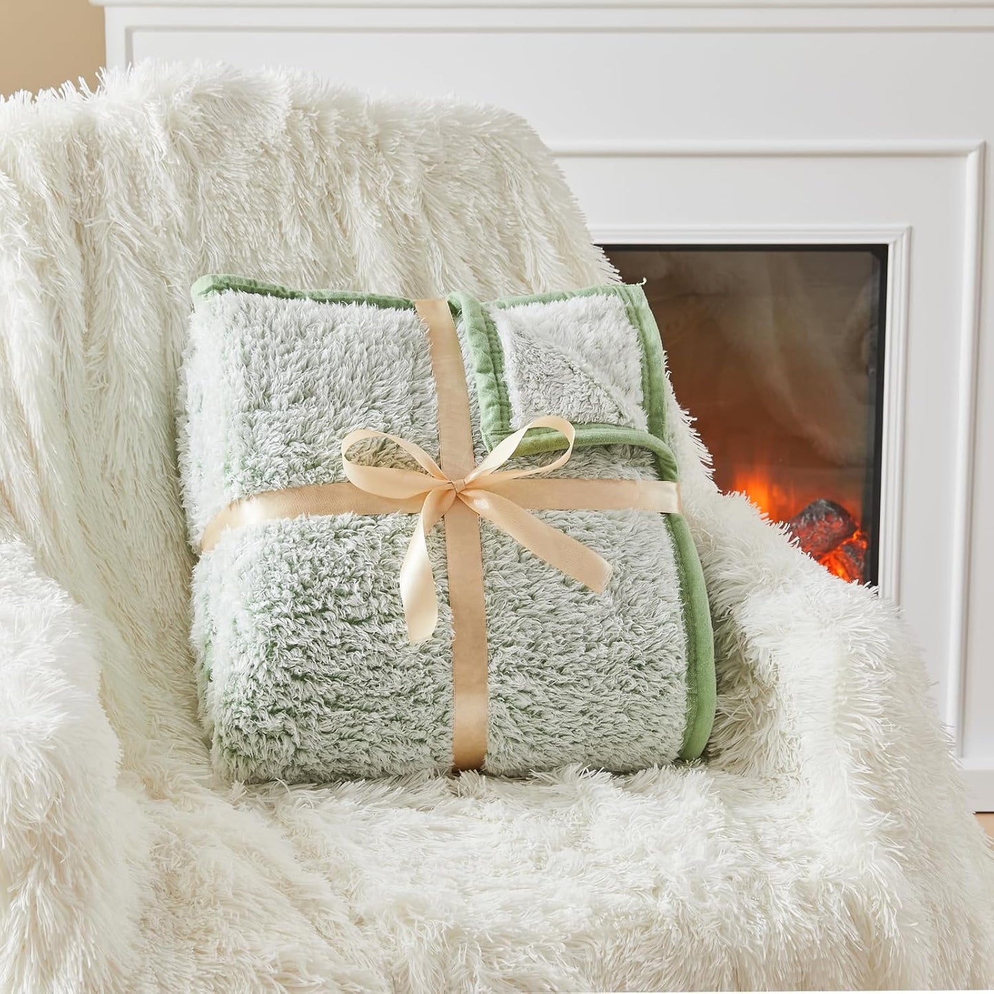 EMME Soft Sherpa Fleece Blanket Reversible Plush Fluffy Large Blanket, Light Weight Warm Decorative Boho Blanket Cover for Sofa, Couch, Bedroom,Travel(Plush Sage,50"x60")