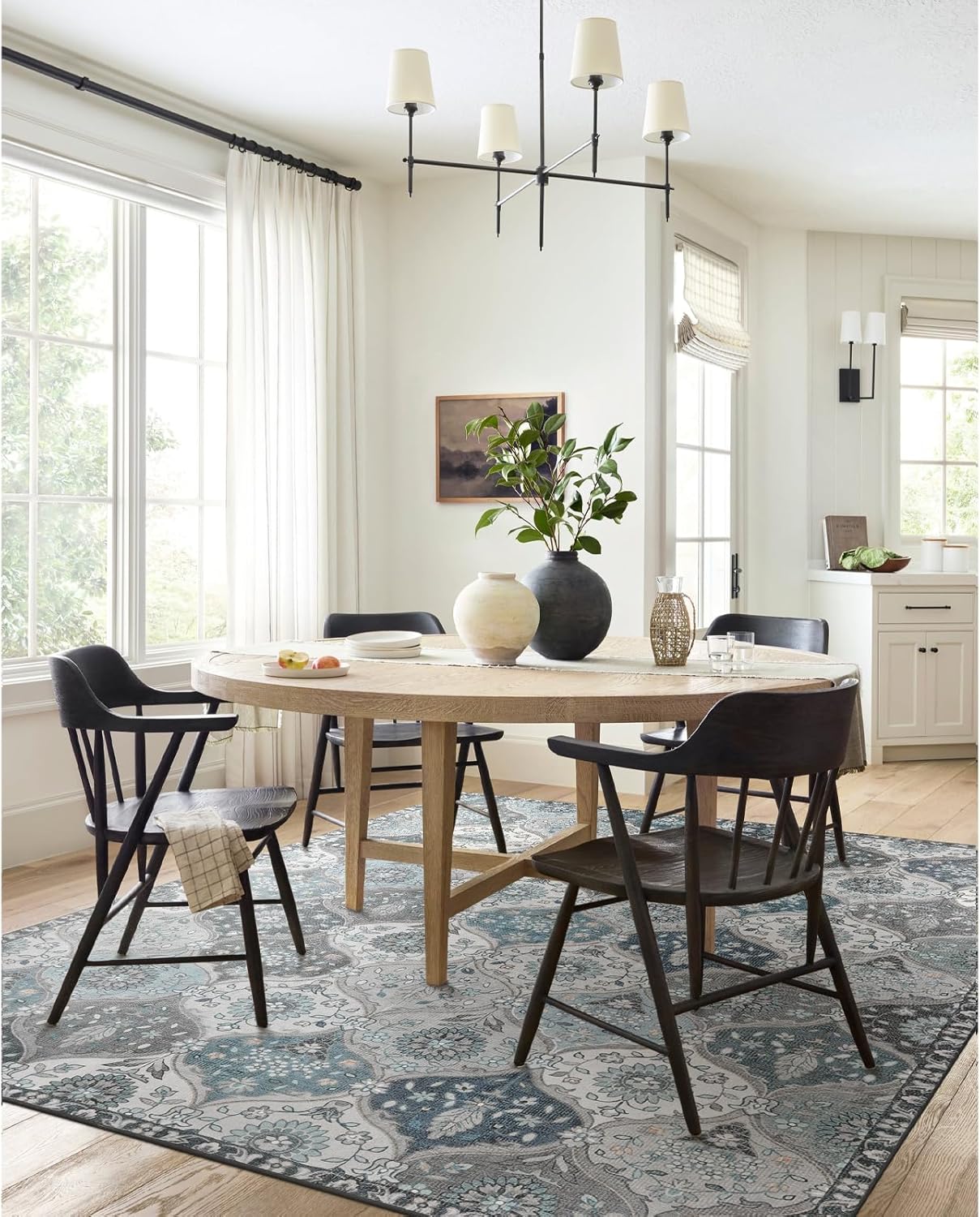 Lahome Moroccan Washable Area Rug 6x9, Ultra-Thin Large Living Room Rugs for Bedroom, Oriental Trellis Distressed Non Shedding Throw Carpet for Dining Room Office, Blue