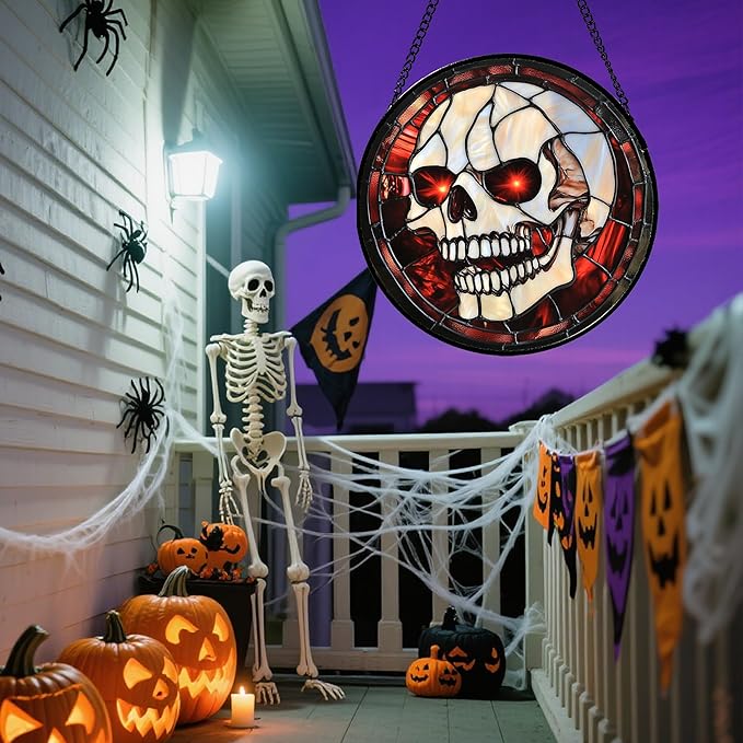 Stained Glass Window Hanging - Halloween Decorations White Skeleton Suncatcher for Doors Garden Indoor Spooky Funny Red Sun Catchers Gothic Decor Horror Gifts for Women Men Friend 15 in