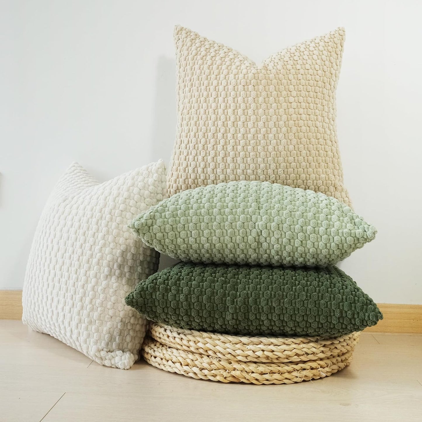 JOJUSIS Pack of 4 Spring Decorative Throw Pillow Covers Farmhouse Boho Home Decor Striped Corduroy Square Pillowcases 18 x 18 Inch Green