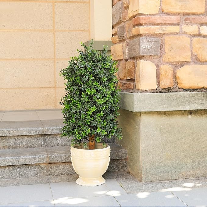 30 inch Artificial Boxwood Tree Topiary, Set of 2 Faux Potted Topiary for Outdoor Planter, Lush Foliage & UV Resistant Fake Boxwood Bushes for Front Door Porch Entrance Balcony Decor