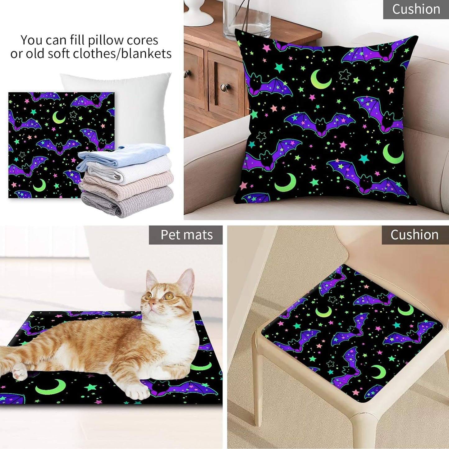 Decorative Throw Pillow Covers 18x18 Inch, Cute Home Decor for Living Room Outdoor Funny Pillowcase Polyester Cushion Case Purple Bat Stars