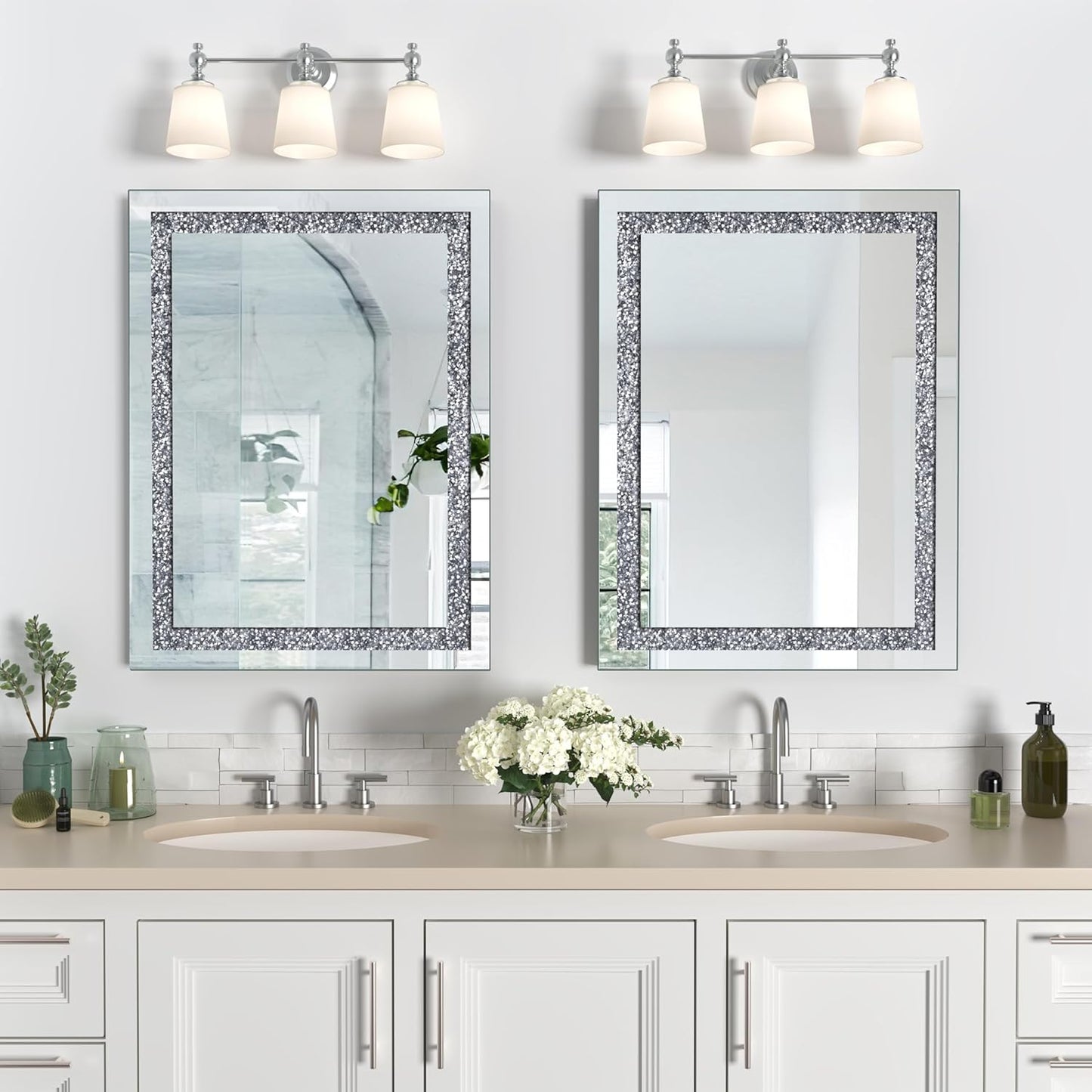 Crystal Crush Diamond Mirror-24x32Silver Mirror, Gorgeous Wall Mirror, Rectangle Mirrors for Wall Bathroom, Bedroom, Dining Room and Living Room