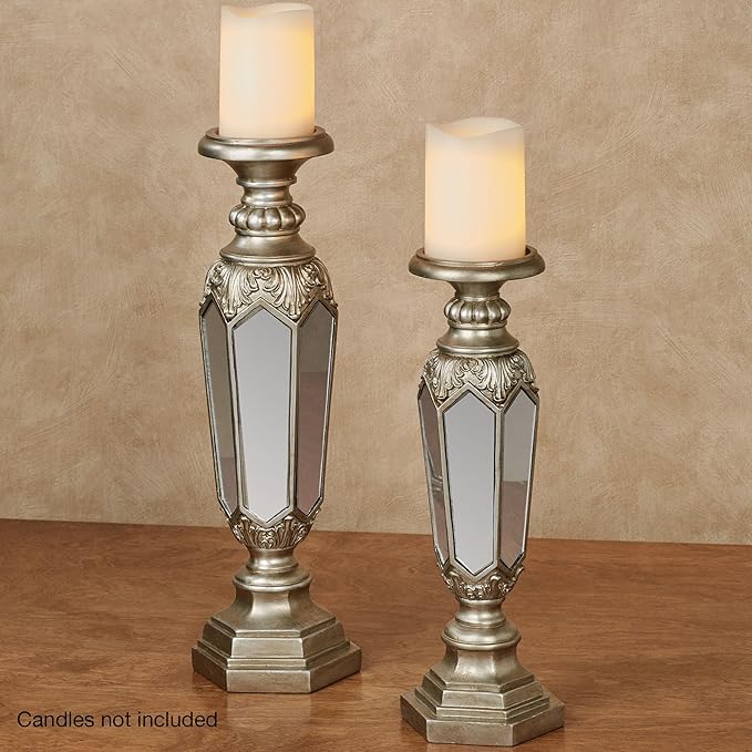 Touch of Class Adeana Platinum Mirrored Candleholders Set - Pair Candle Holder - Small, Large Sizes - Stunning Reflection - Beautiful Holders for Bedroom, Living Room, Mantel