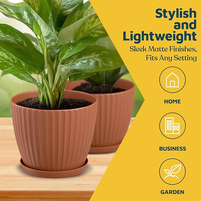 Terracotta 6-Inch Plant Pots with Drainage & Saucers 6 Pack, Indoor & Outdoor Planters for Houseplants, Herbs, and Flowers, Durable & Weatherproof Material, Stackable, Lightweight, Minimalist Design