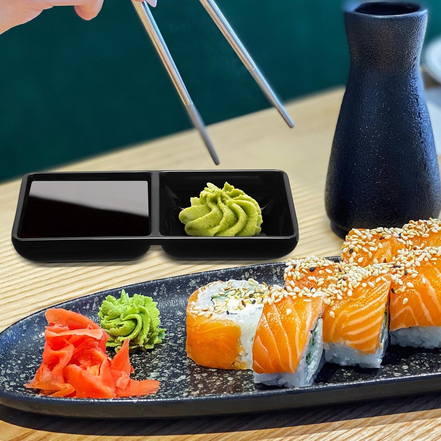 Gejoy 12 Pcs Dual Dipping Sauce Bowls Soy Sauce Dish Bowls Two Compartments Party Trays Divided Fondue Plates for Restaurant Kitchen Sushi Soy (Black)