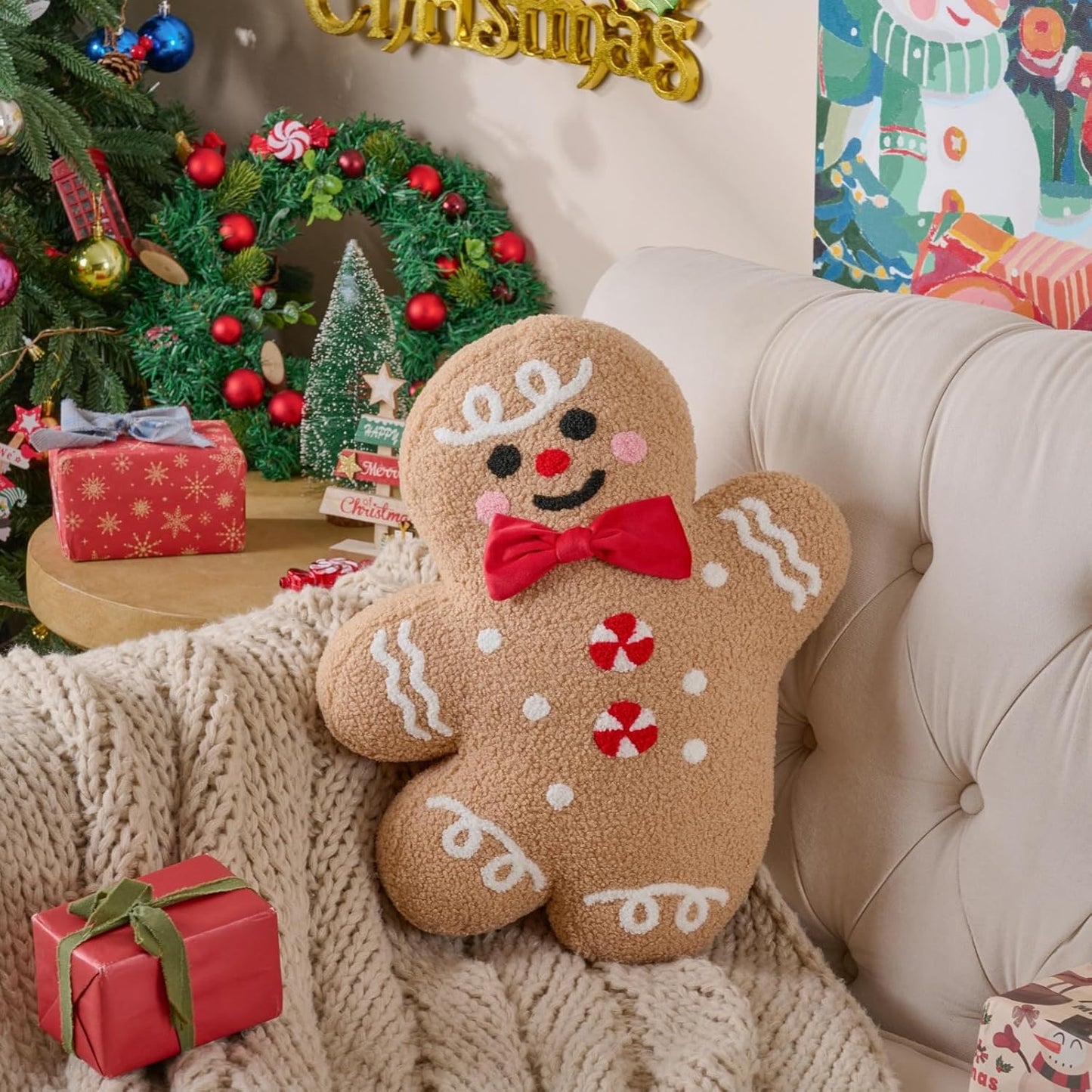 Lanpn Christmas Gingerbread Boy Pillow, Christmas Decoration Winter Throw Pillows Soft Fleece Sherpa Cute 3D Shaped Ginger Bread Man Throw Cushion for Sofa Bedroom Xmas Decor (15.2x18.3 inch)