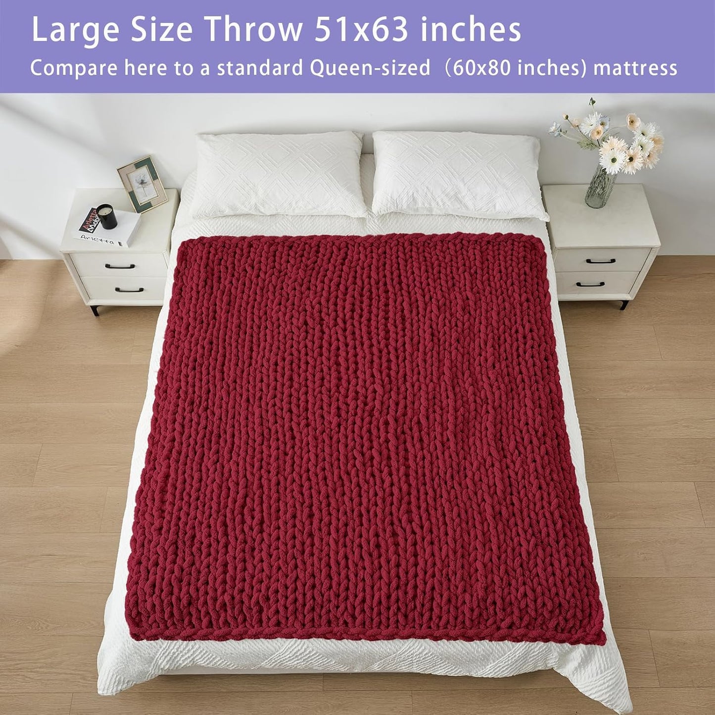 Bigacogo Chunky Knit Throw Blanket for Couch, 51x63 inches, 100% Hand Knitted with Thick Jumbo Chenille Yarn, Cozy Soft Large Rope Knot Cable Crochet Blankets for Sofa Bed Living Room, Red