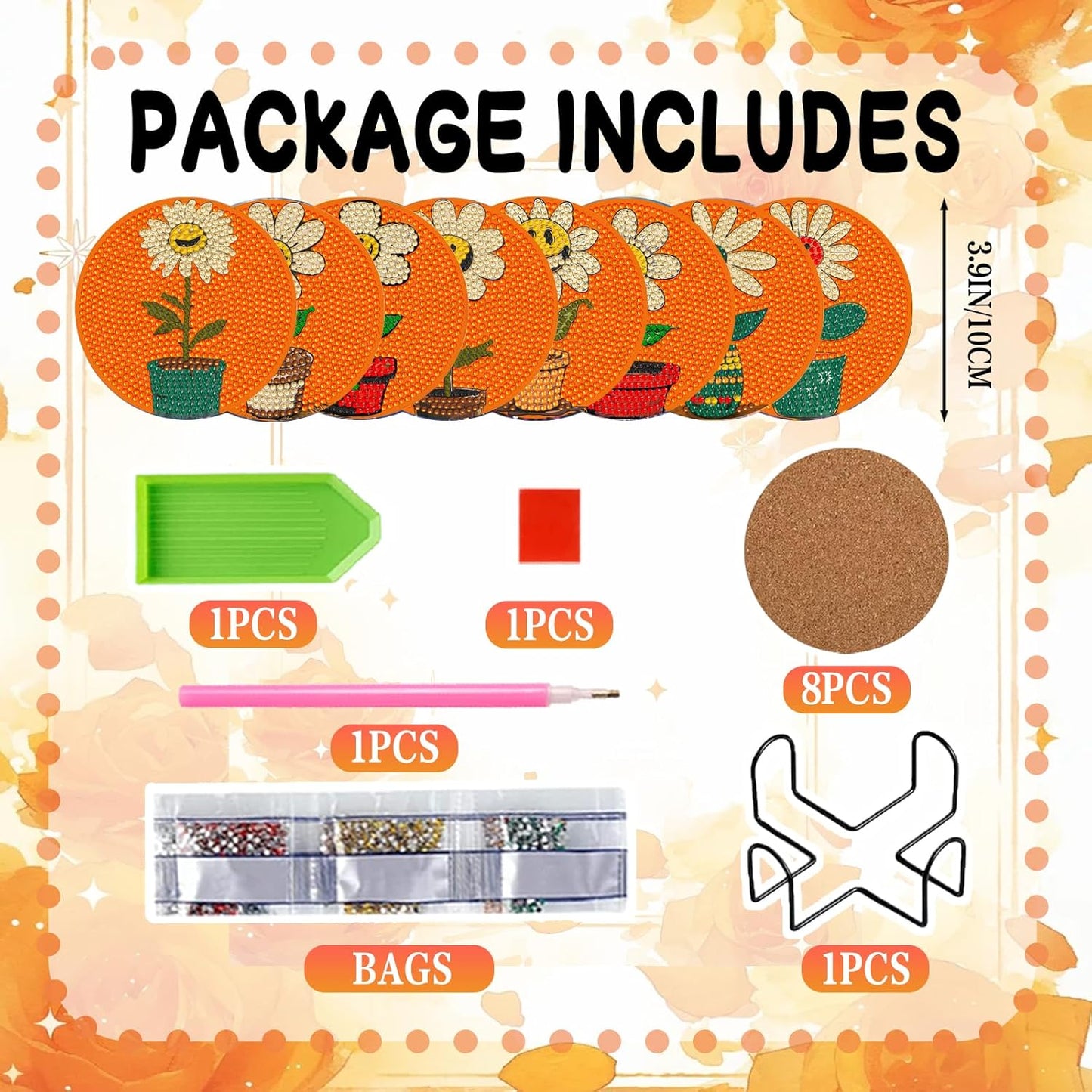 DOZEEZOP 8 PCS Flowers Diamond Art Coasters Kit, 5D Diamond Painting Coasters with Holder, Fall Small Diamond Art Kits for Adults Beginners, Diamond Dots Arts and Crafts Supplies