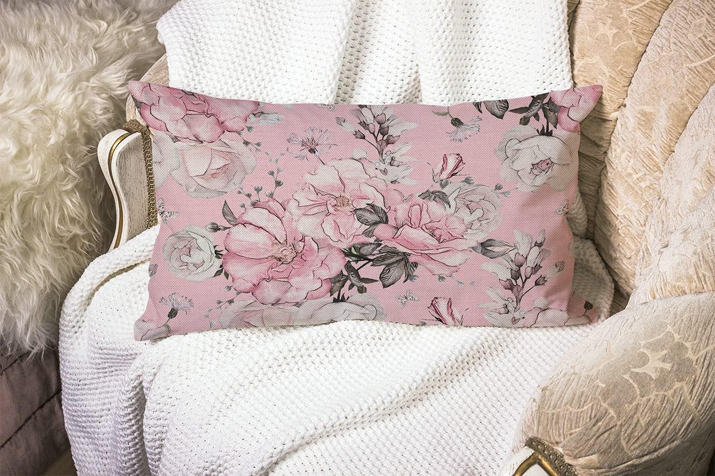 Floral Farmhouse Oblong Rectangle Throw Pillow Case Flowers And Leaves Pink Watercolor Floral Bolossom Flower Rose Spring Cotton Linen Cushion Cover Sofa Armchair Bedroom Livingroom 12x20 Inch