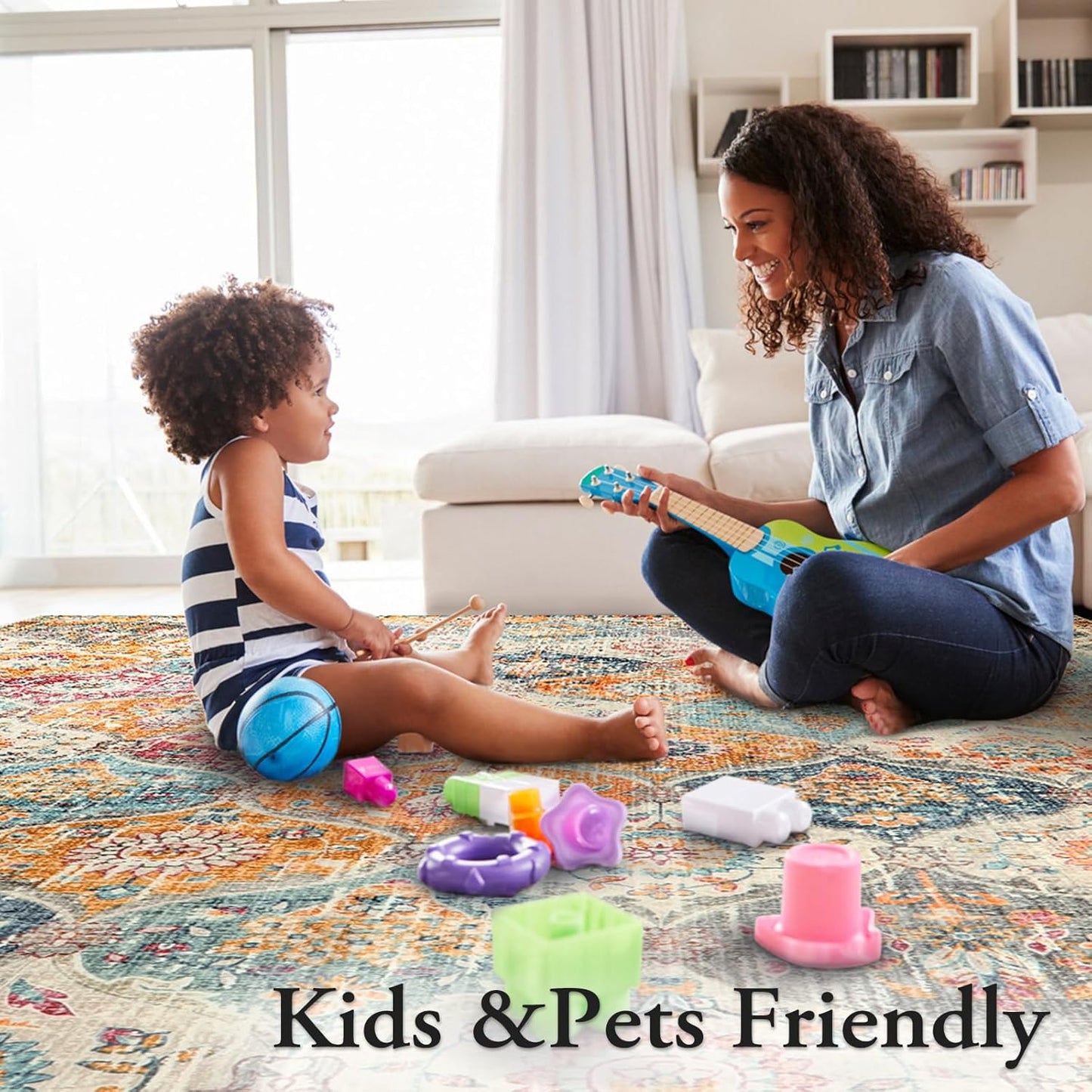 Lahome Moroccan Washable Area Rugs 9x12 Living Room, Soft 9x12 Area Rug for Bedroom, Oriental Non-Slip Non Shedding Throw Large Carpet for Dining Room Office, Cream/Multi