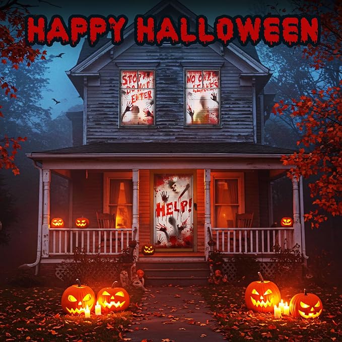 Tioncy 3 Pcs Halloween Window Door Covers Decorations Set Scary Halloween Haunted Window Curtains Zombie Hands Pattern Banner Porch Indoor Outdoor Decoration