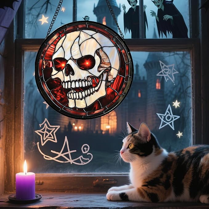 Stained Glass Window Hanging - Halloween Decorations White Skeleton Suncatcher for Doors Garden Indoor Spooky Funny Red Sun Catchers Gothic Decor Horror Gifts for Women Men Friend 15 in