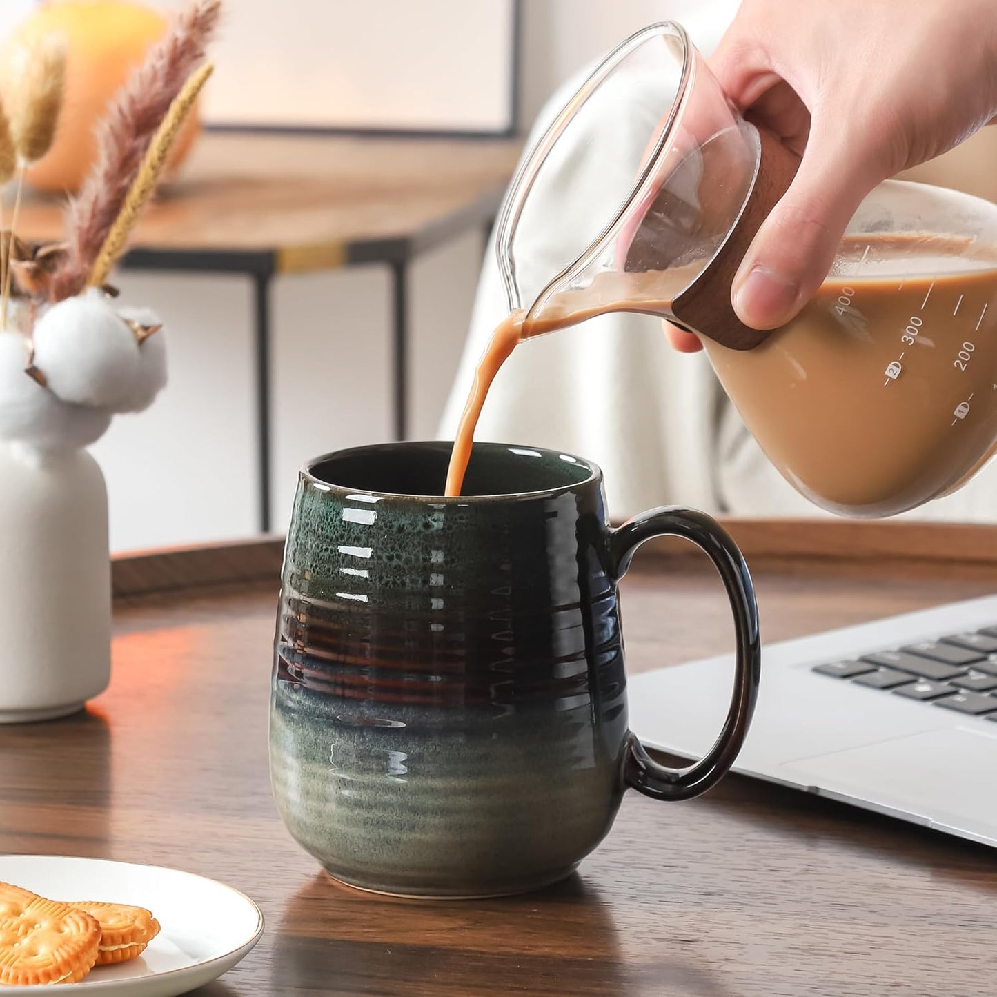 Large Coffee Mugs, Extra Large Ceramic Coffee Mug, 23 oz Handmade Pottery Mug, Big Tea Cups with Handle for Office and Home, Dishwasher and Microwave Safe (Ink Green)