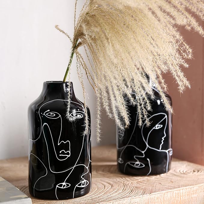 Kimdio Ceramic Vase Irregular face Design Decorative Flower Vase for Home Decor Living Room, Home, Office, Centerpiece,Table and Wedding B-Black