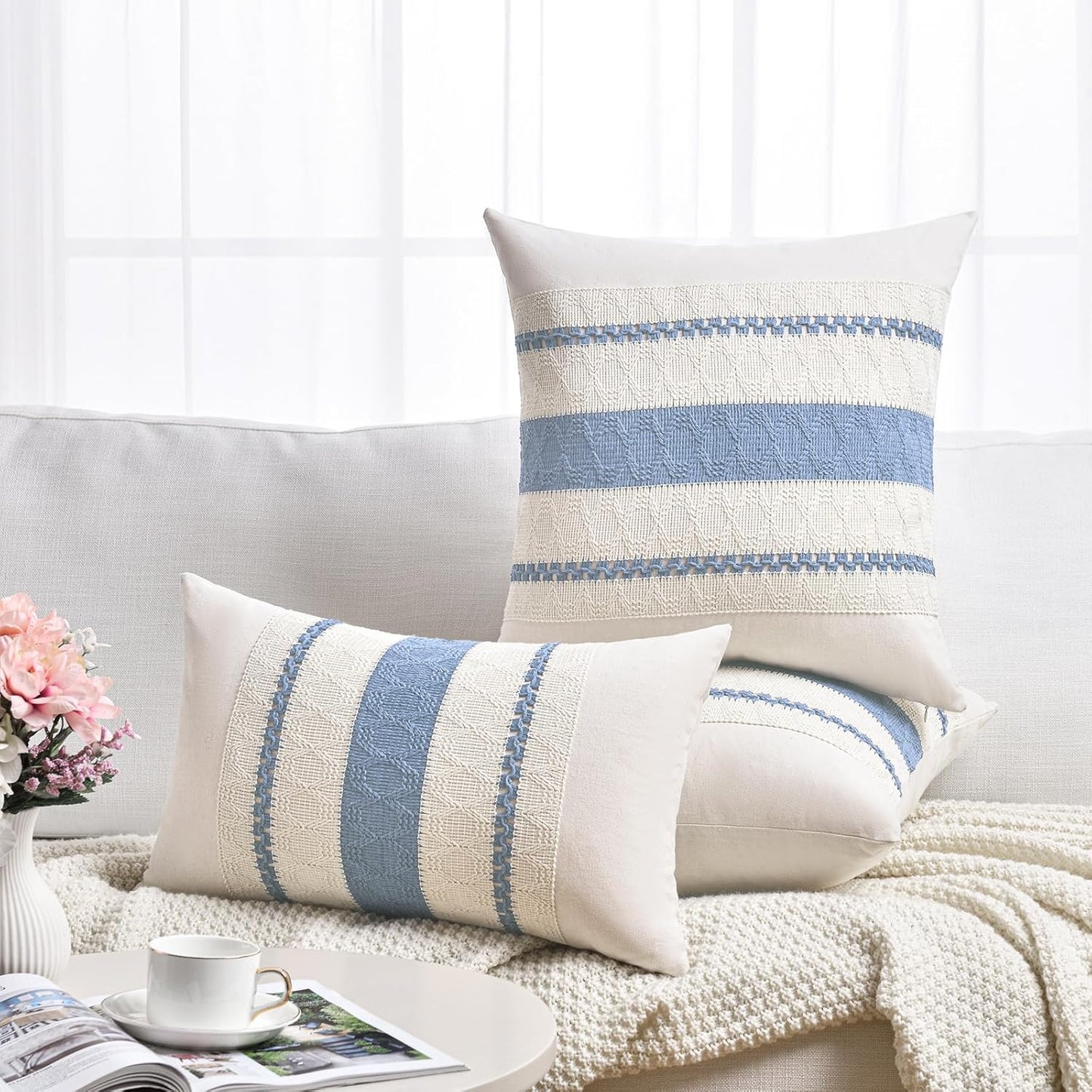 Fancy Homi Set of 1 Boho Light Blue Lumbar Decorative Throw Pillow Cover 12x20 Inch for Couch Bed Sofa Chair, Modern Organic Farmhouse Home Decor, Soft Cotton Cute Accent Rectangle Cushion Case