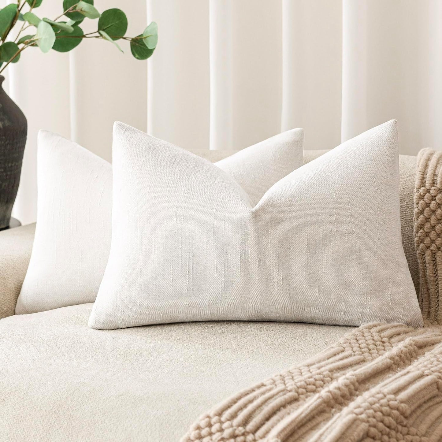 Foindtower Pack of 2 Soft Textured Chenille Throw Decorative Pillow Covers Lumbar Accent Solid Cushion Cover Neutral Farmhouse Pillow Case for Couch Sofa Bedroom Living Room 12x24 Inch, Ivory White