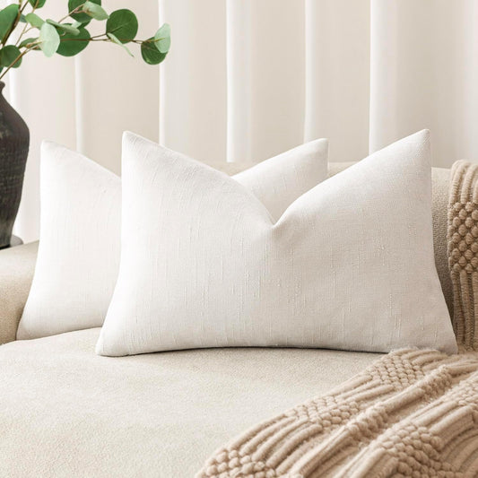 Foindtower Pack of 2 Soft Textured Chenille Throw Decorative Pillow Covers Lumbar Accent Solid Cushion Cover Neutral Farmhouse Pillow Case for Couch Sofa Bedroom Living Room 12x24 Inch, Ivory White