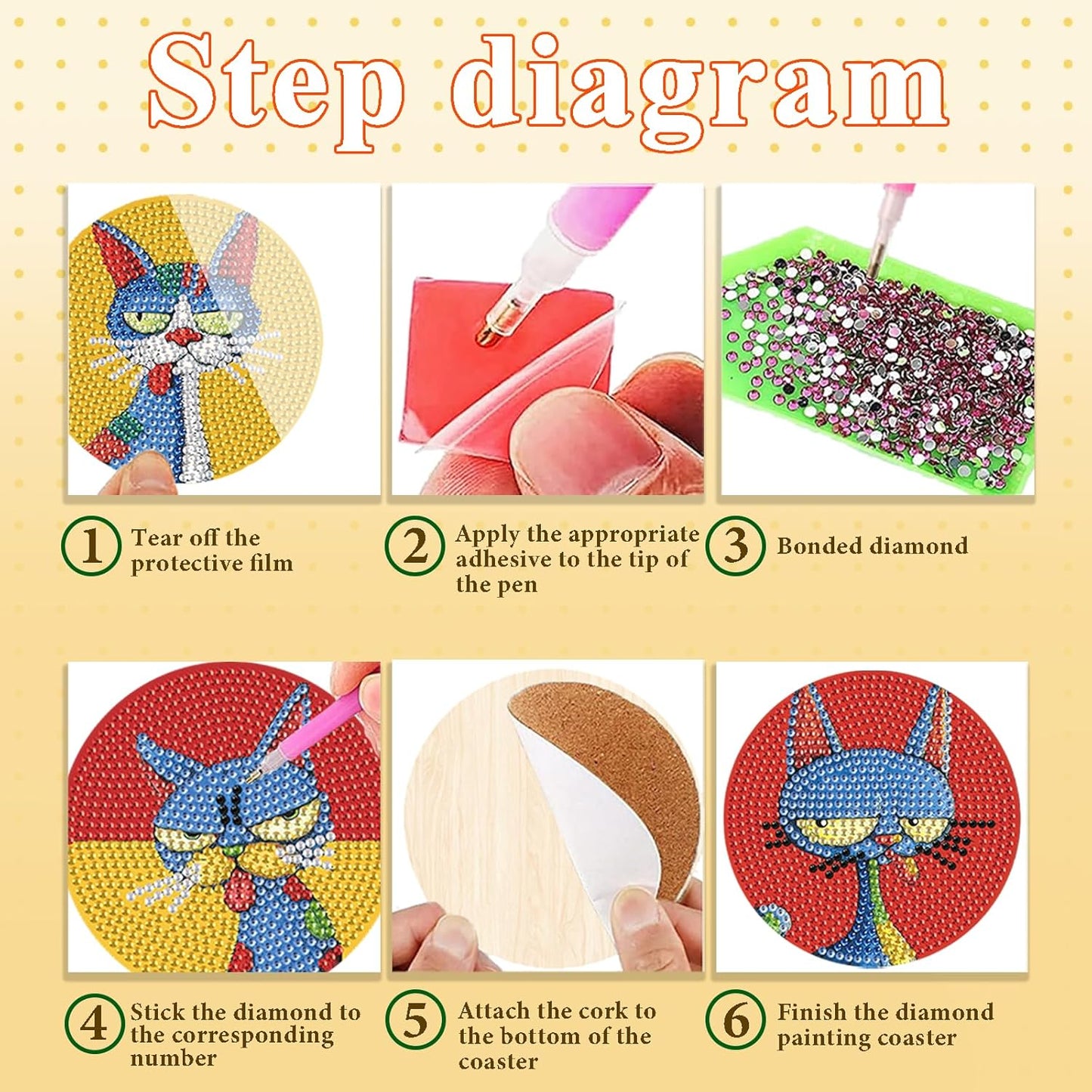 DOTSOPS Cat Diamond Art Coaster with Holder 5D Diamond Painting Kits for Adults Round Full Drill Beginners Gem Dots Craft Arts Supplies Party Home Decor 8PCS