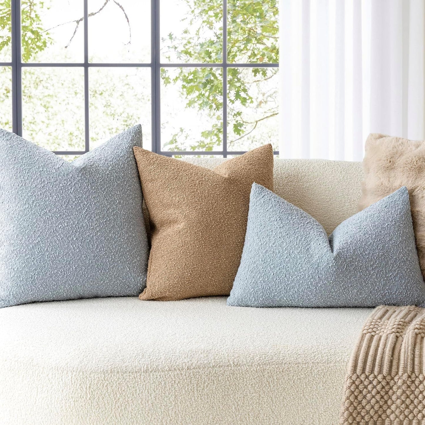 Foindtower Decorative Textured Boucle Throw Pillow Covers Accent Solid Pillow Cases Neutral Soft Cozy Couch Cushion Case for Chair Sofa Bedroom Living Room Home Decor 26 x 26 Inch,Taupe Khaki Camel