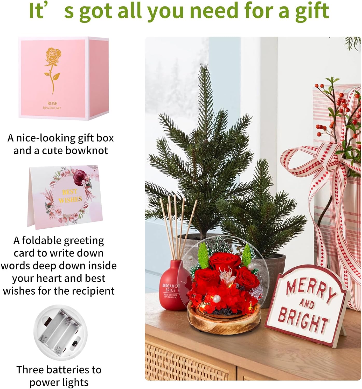 LED Preserved Real Rose Glass Dome Display, Red Roses with Pearl Accents, Wooden Base, Gift for Women Mothers Women Mom Grandma Girlfriend Wife