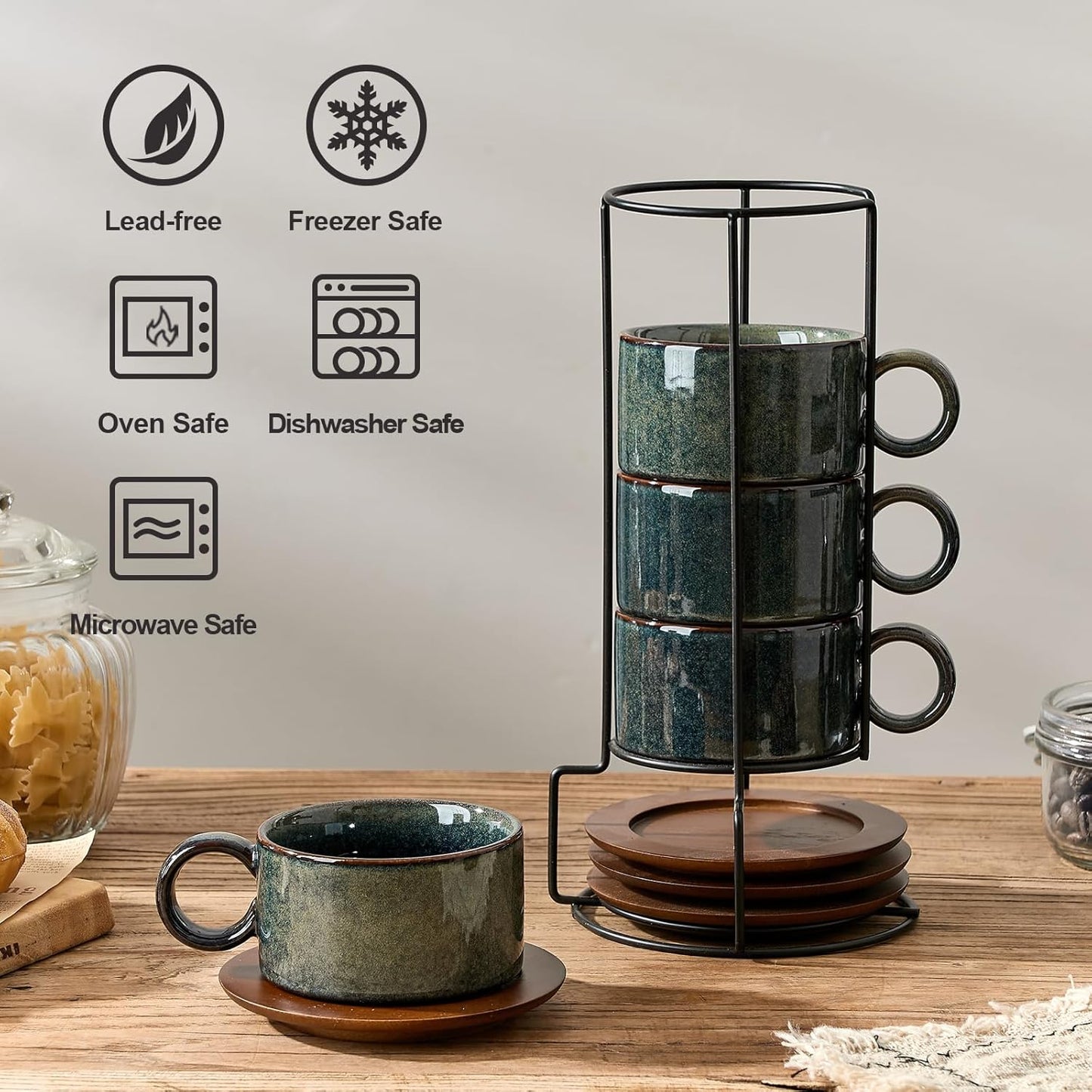 LUKA 6 Ounce Porcelain Stackable Espresso Cups with Saucers and Metal Stand Set of 4, Ceramic Cappuccino Cups Set for Specialty Coffee Drinks, Latte, Cafe Mocha and Tea, Reactive Dark Green