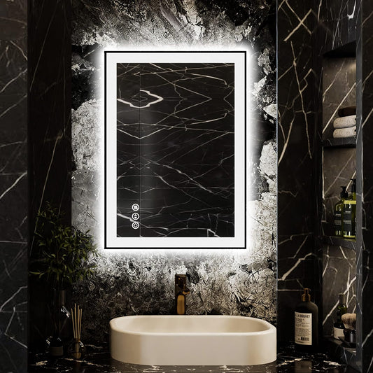 ISKM Framed LED Mirror for Bathroom 20"x28", Dimmable LED Bathroom Mirror with Lights, Anti-Fog, Front and Backlit Lighted Mirror 3-Colors, Shatterproof, Memory Function