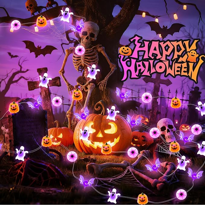 ZGWJ Halloween String Lights Battery Powered with Timer, 1 Pack Bat-Eyeball-Ghost-Pumpkin 50LED 16FT Twinkle String Lights 8 Modes for Bedroom,Halloween Parties Decoration Indoor and Outdoor