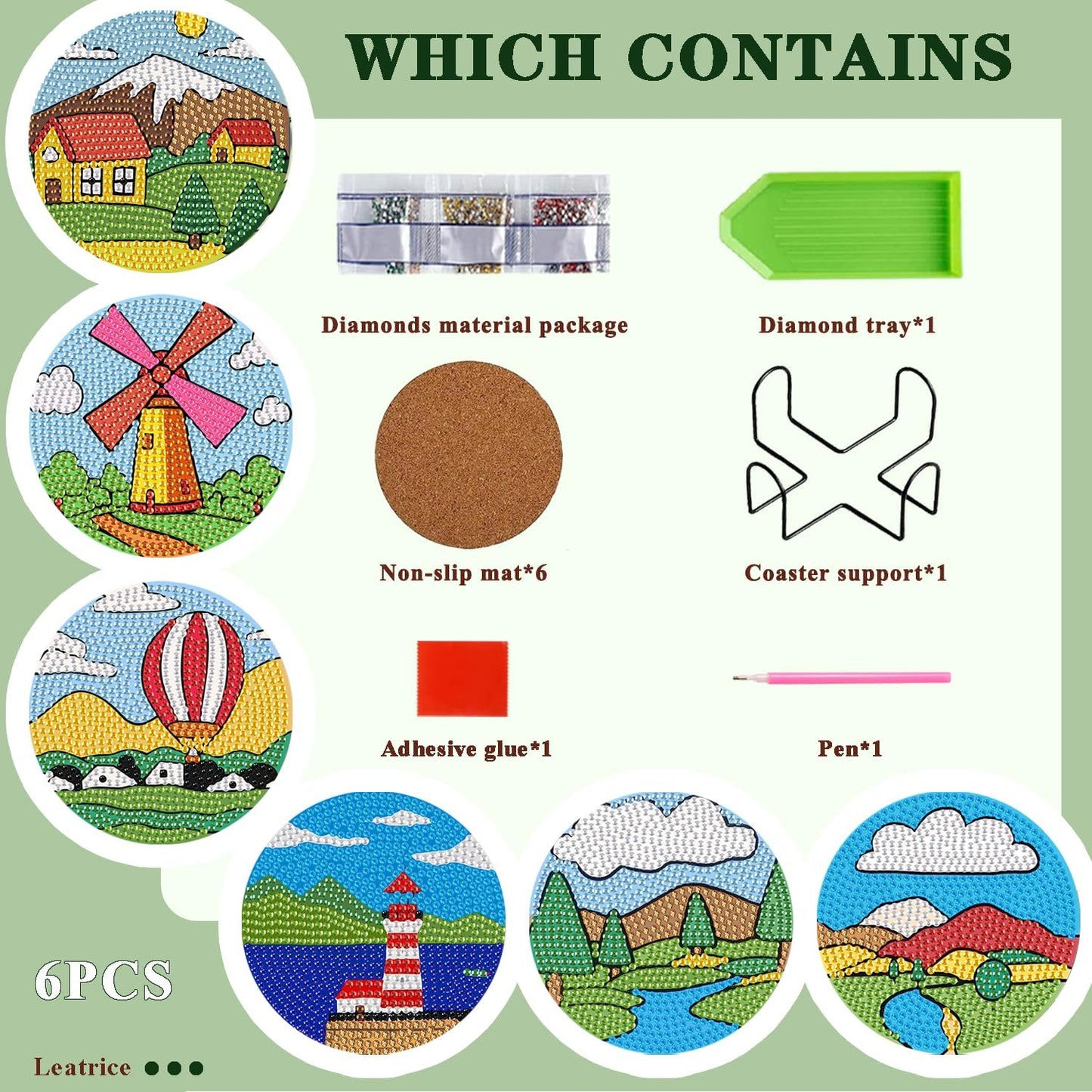 Leatrice 6PCS Diamond Art Coasters Small Diamond Painting Kits for Adults Diamond Dots Round Full Drill Diamond Coasters with Holder Easy Art Crafts for Beginners Women Cartoon