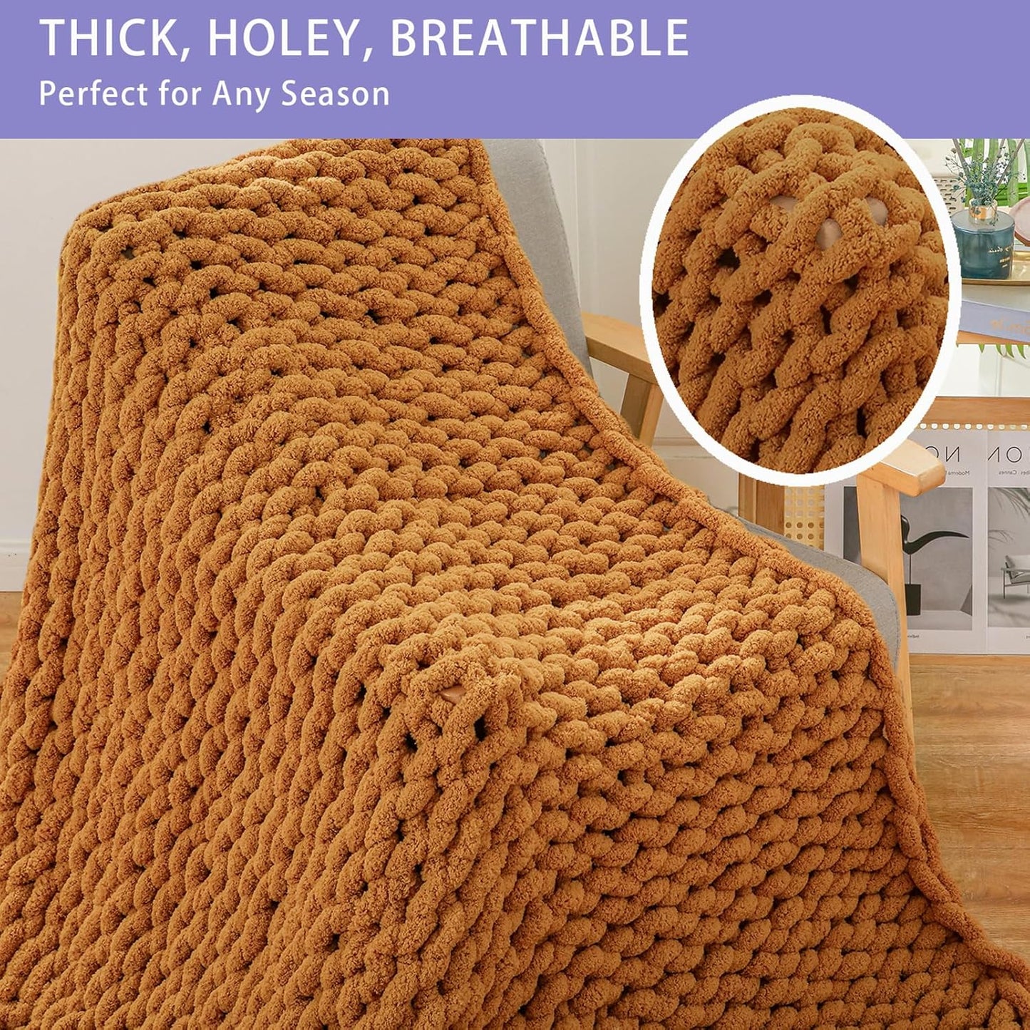 Bigacogo Chunky Knit Throw Blanket for Couch, 40x80 inches, 100% Hand Knitted with Thick Jumbo Chenille Yarn, Cozy Soft Large Rope Knot Cable Crochet Blankets for Sofa Bed Living Room, Burnt Orange