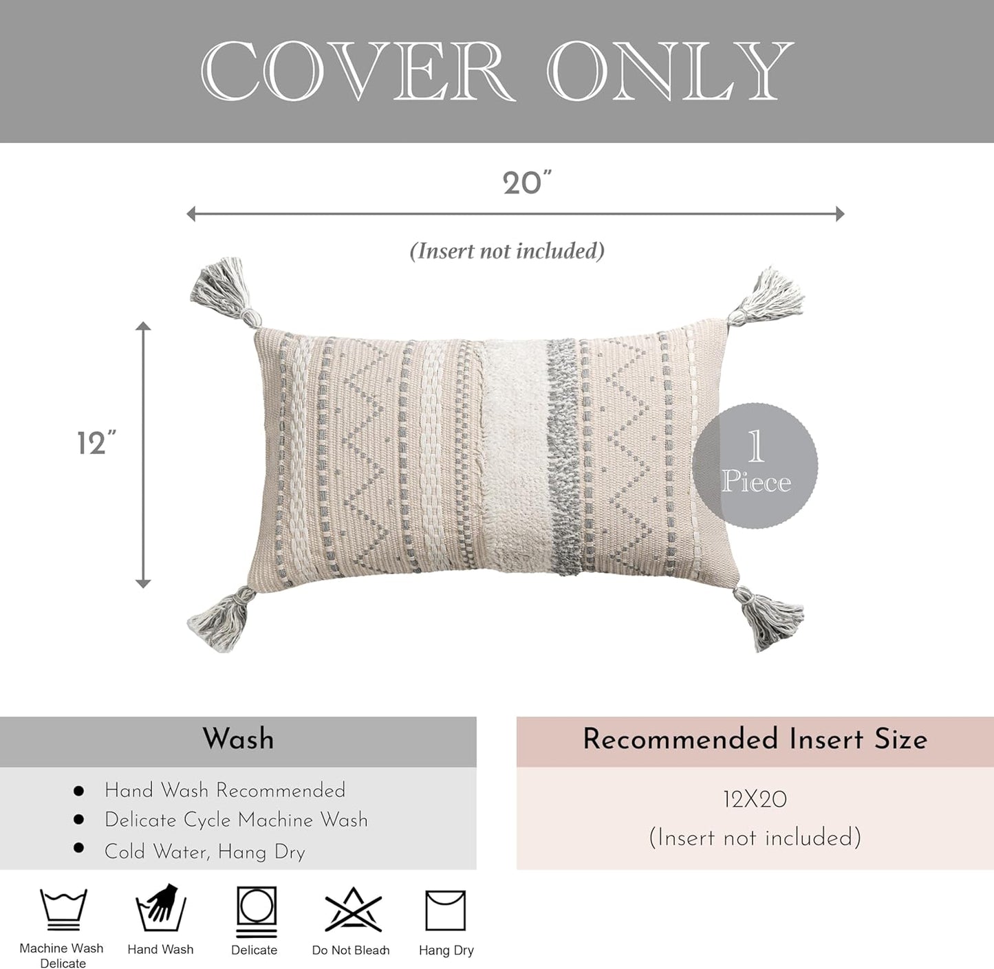 BlissBlush Decorative Lumbar Throw Pillow Cover 12x20 Gray Rectangular Boho Accent Pillowcase Neutral White Farmhouse Cushion for Couch Sofa Bedroom Living Home Décor (Cover ONLY, Pack of 1)