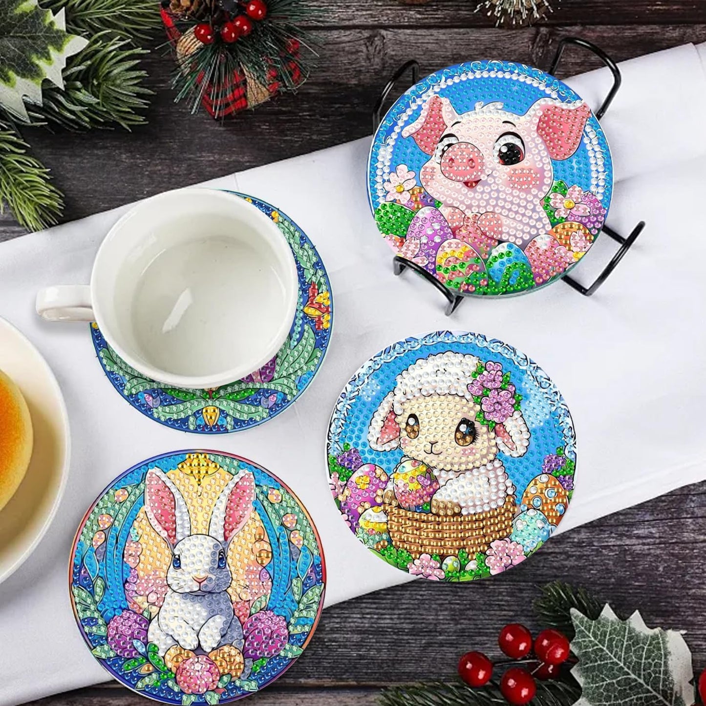 DOZEEZOP 6 PCS Diamond Art Coasters Kit, Diamond Painting Coasters with Holder, Fall Diamond Art Kits for Adults Beginners, Arts and Crafts Supplies Party Item Sets Cute Animals