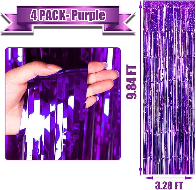4 Pack Purple Foil Fringe Curtain Backdrop, 3.3Ft x 9.8Ft Metallic Tinsel Foil Fringe Streamers Curtains for Photo Booth, Wedding, Thanksgiving, Birthday, Christmas, Halloween Party Decoration