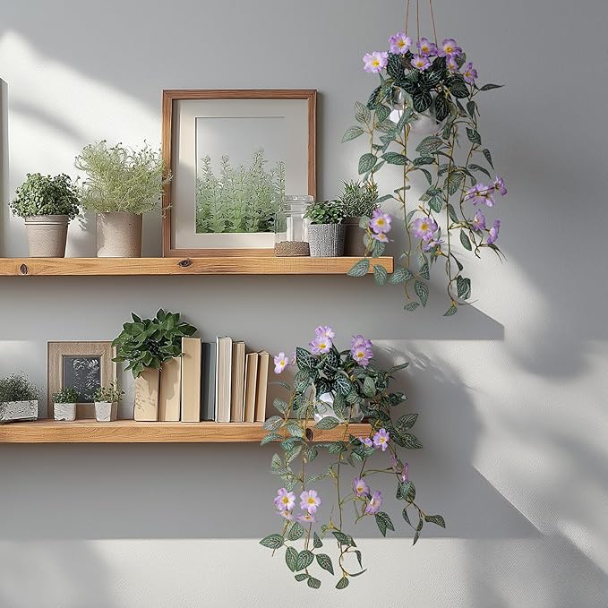 2PCS Artificial Hanging Plant with Pot Faux Hanging Plants Small Hanging Plants Pot with Artificial Vines and Flower Greenery Decoration for Living Room Wall Home Wall Shelf (Purple)