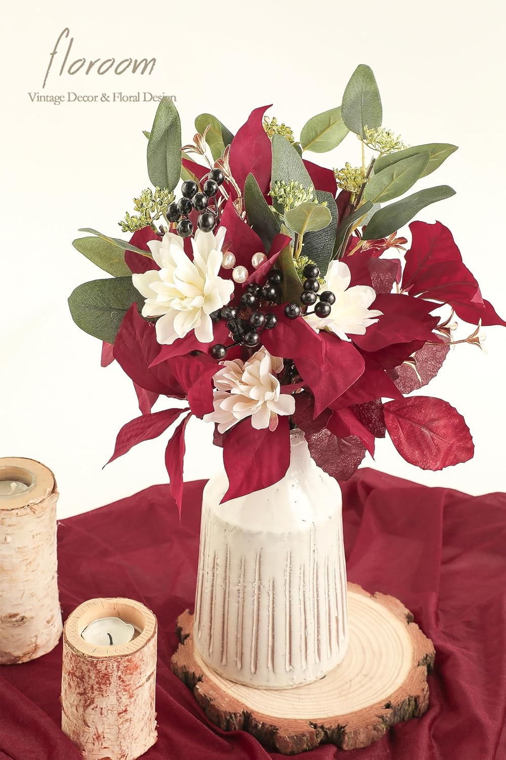 Floroom Artificial Greenery Stems Box Set, 41pcs with 7 Kinds of Faux Greenery Flowers Picks for DIY Bridal Bouquets Wedding Floral Arrangement Table Centerpieces, Marsala & Ivory