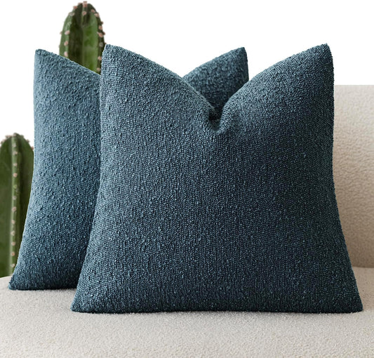 Foindtower Pack of 2 Textured Boucle Throw Pillow Covers Accent Solid Pillow Cases Cozy Soft Decorative Couch Cushion Case for Chair Sofa Bedroom Living Room Home Decor 18x18 Inch Dark Blue