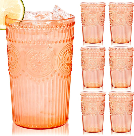 Ciaell 12 Pack Romantic Plastic Water Glasses - 14 Oz Amber Vintage Drinking Glasses, Embossed Ribbed Plastic Cups, Textured Striped Set for Juice, Beverages, Beer, Cocktai & Thanksgiving