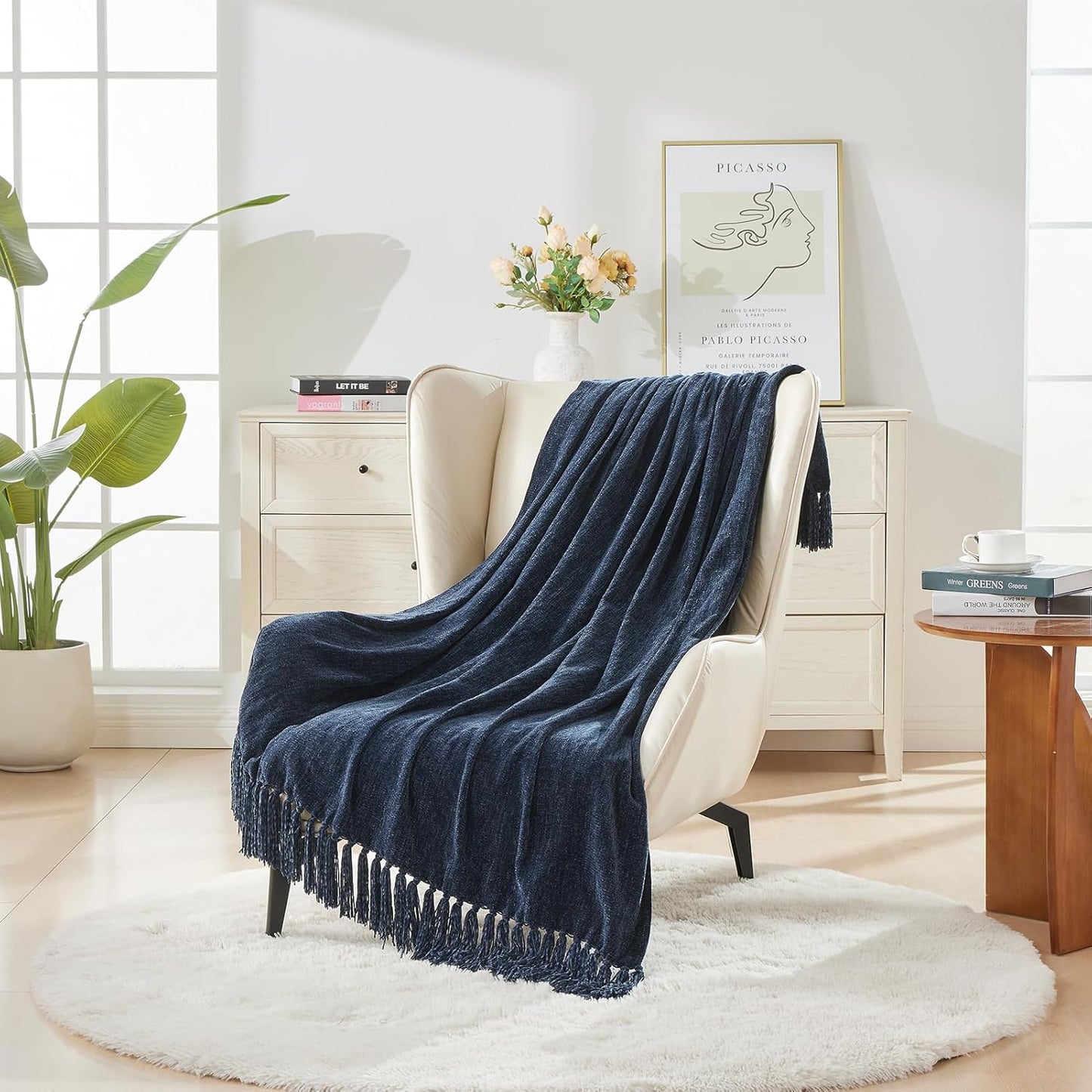 CozeCube Chenille Throw Blanket for Couch, Cozy Plush Fuzzy Decorative Navy Blue Blanket with Fringe Tassels, Lightweight Throws for Bed Sofa Gift Home Decor, 50"X60"