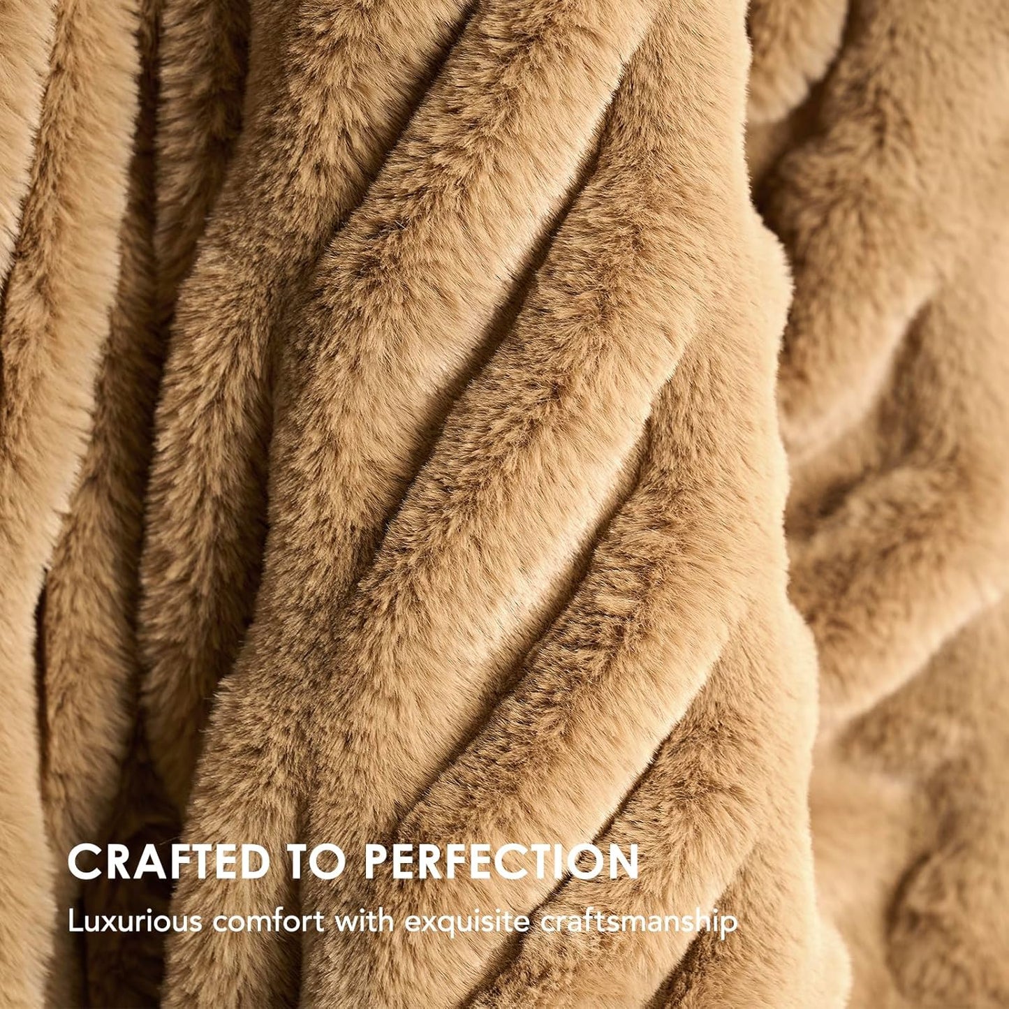 EVERGRACE Luxurious Soft Faux Rabbit Fur Throw Blanket, Cozy Fuzzy Plush Warm Throws for Couch Bed Sofa Chair Home Decor, Ruched Bubble Fluffy Blanket with Reversible Velvet, 60" x 80", Camel