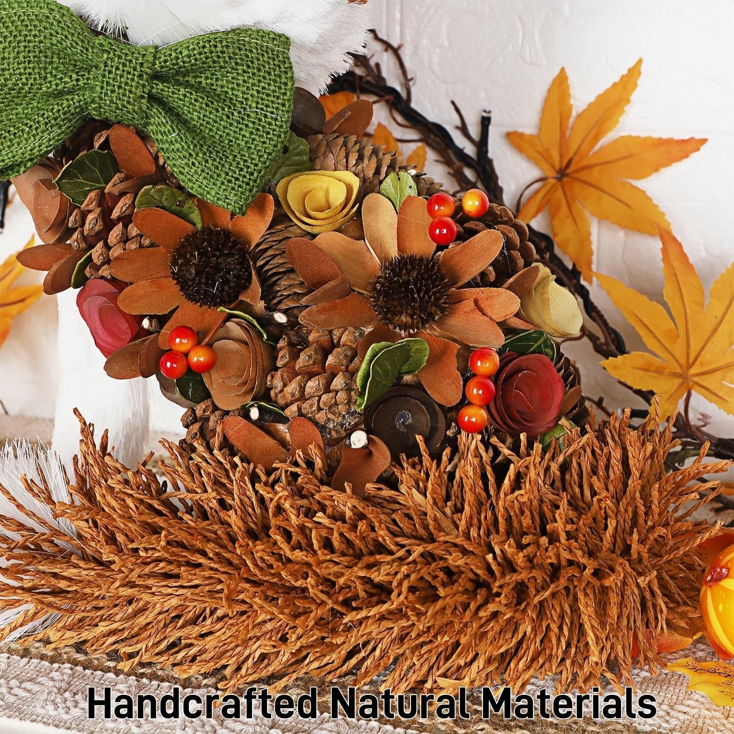 Glintoper Fall Wreath for Front Door, 14" Thanksgiving Straw Fox Figurine with Woodchip Pinecone, Hanging Harvest Autumn Gifts, Tabletop Centerpieces, Woodland Animal Home Kitchen Office Decor