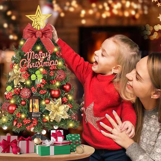 Uspring 2Ft Small Christmas Tree with Lights, Artificial Table Top Christmas Tree with Pre-Decorated Ornaments LED Lights, Mini Xmas Trees with Hanging Snow Globe Lanterns for Indoor Holiday Decor