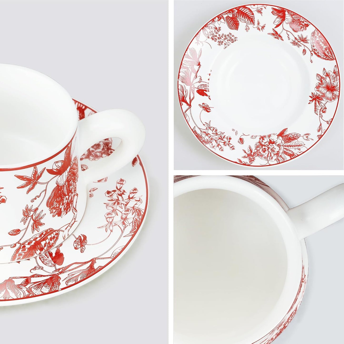 fanquare Red Floral Tea Cup with Saucer 8.5oz Large Porcelain Coffee Cup Modern Single Cup Gift Set for Adults, Ceramic Thick Handle China Cups